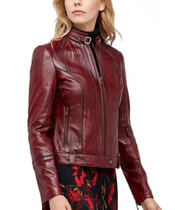 Burgundy Biker Maroon Leather Bomber Jacket Womens