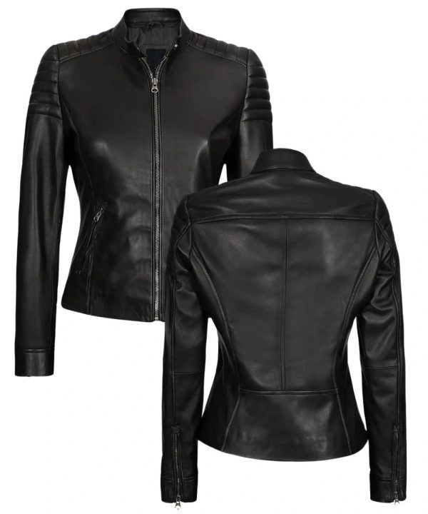 Cafe Racer Biker Womens Black Leather Jacket