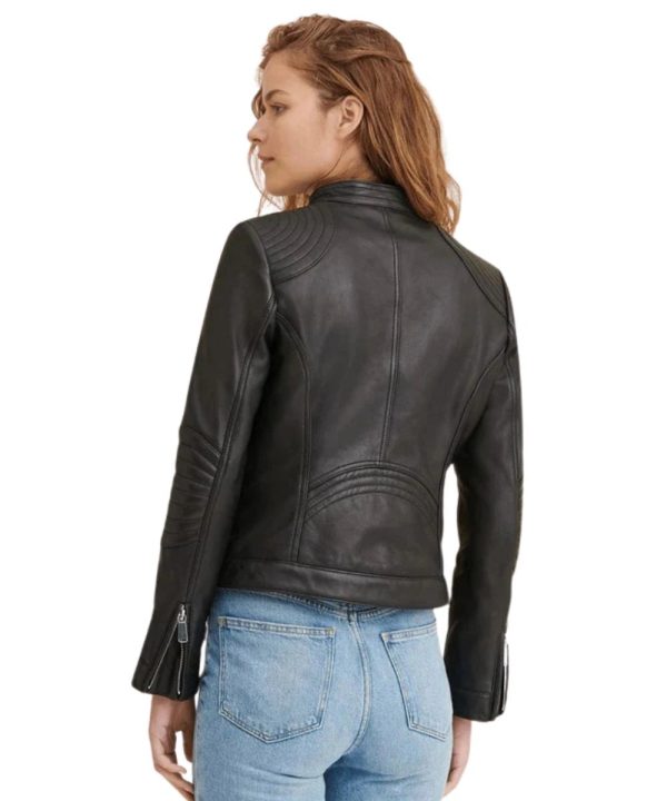 Cafe Racer Black Genuine Lambskin Leather Jacket For Women