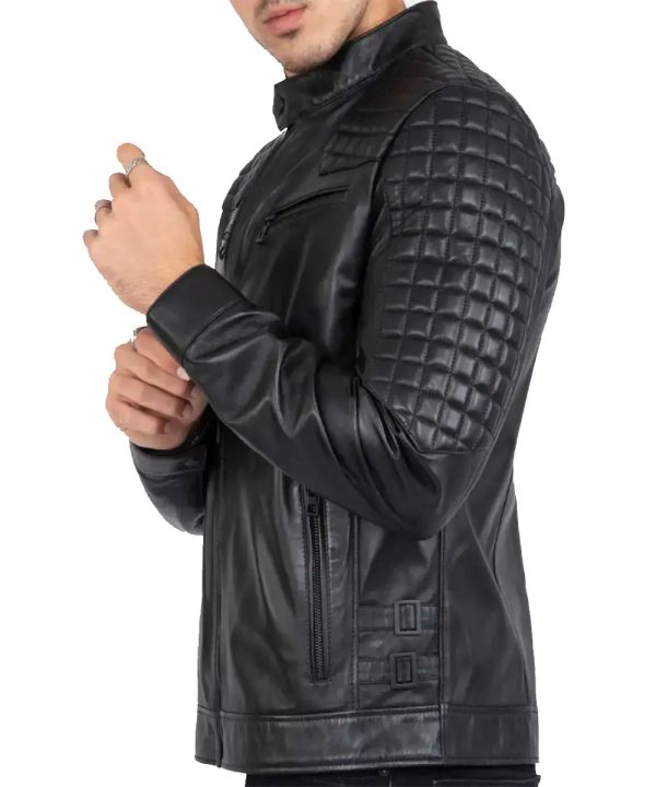 Cafe Racer Black Quilted Biker Leather Bomber Jacket Mens