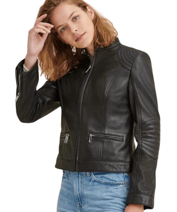 Cafe Racer Genuine Lambskin Black Leather Jacket For Women