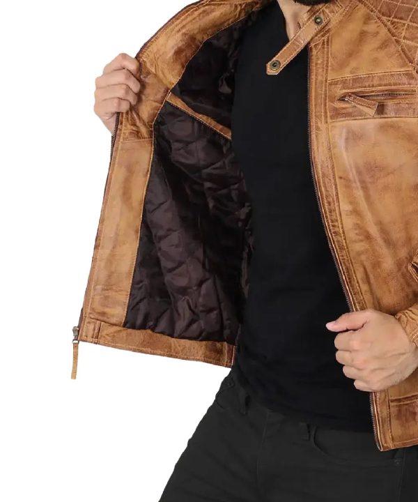 Cafe Racer Lambskin Quilted Biker Camel Brown Leather Bomber Jacket For Men