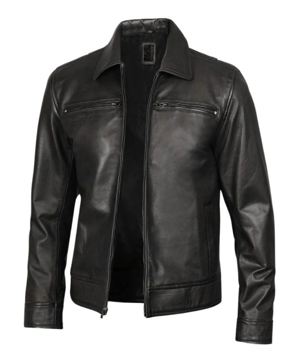 Classic Black Shirt Style Collar Leather Jacket For Men