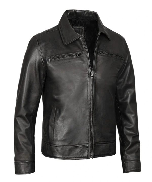Classic Black Shirt Style Collar Leather Jacket Mens