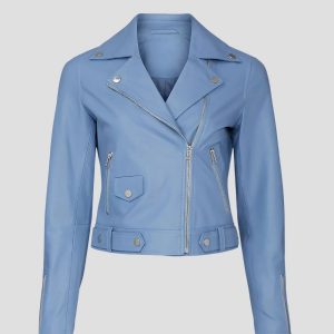 Classic Light Blue Leather Moto Jacket For Women