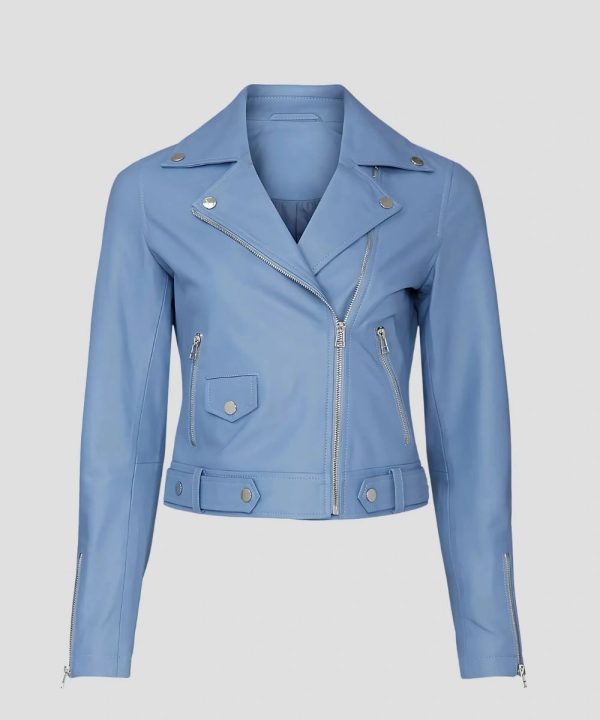 Classic Light Blue Leather Moto Jacket For Women