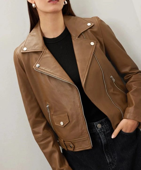 Classic Toffee Moto Leather Jacket For Women