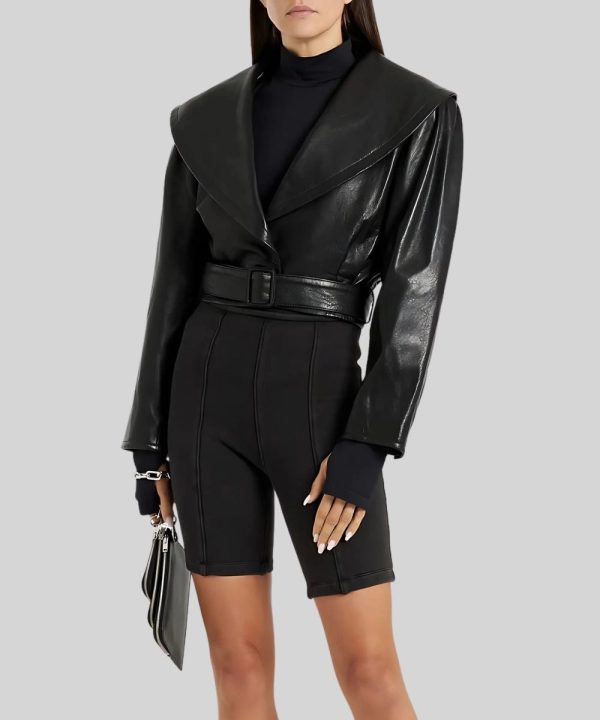 Cropped Textured Leather Jacket Black