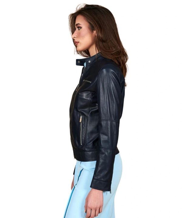 Distressed Navy blue Biker Leather Bomber Jacket For Women