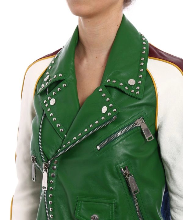 Dsquared2 Women's Scout Studded Biker Leather & Denim Jacket  Green / White
