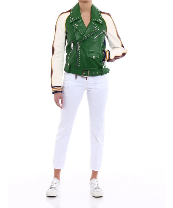 Dsquared2 Women's Scout Studded Leather & Denim Biker Jacket Green / White