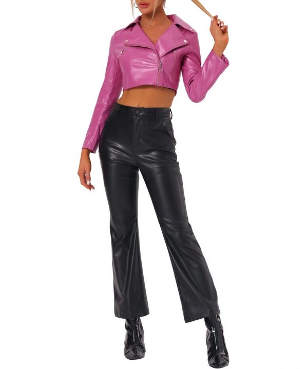 Faux Leather PU Long Sleeve Zipper Pink Cropped Biker Jacket For Women
