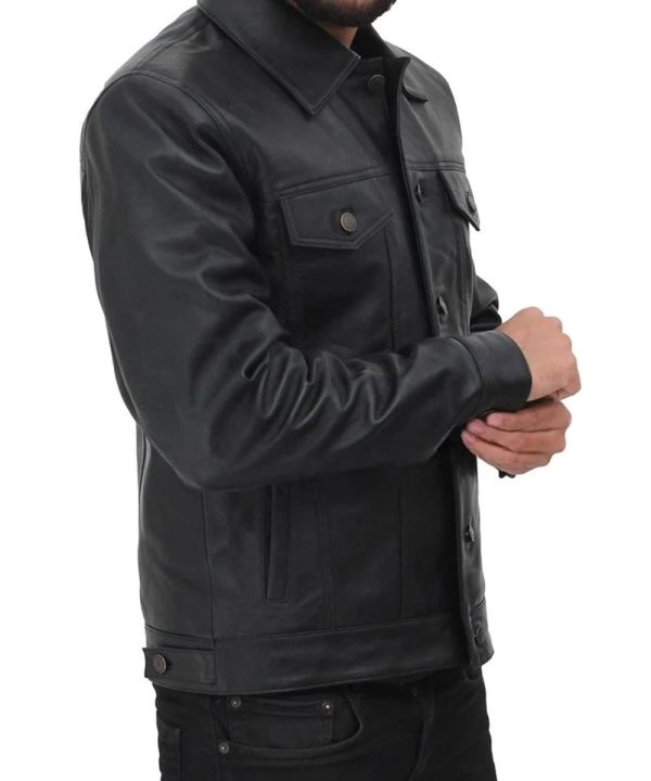 Fernando Leather Black Trucker Jacket For Men