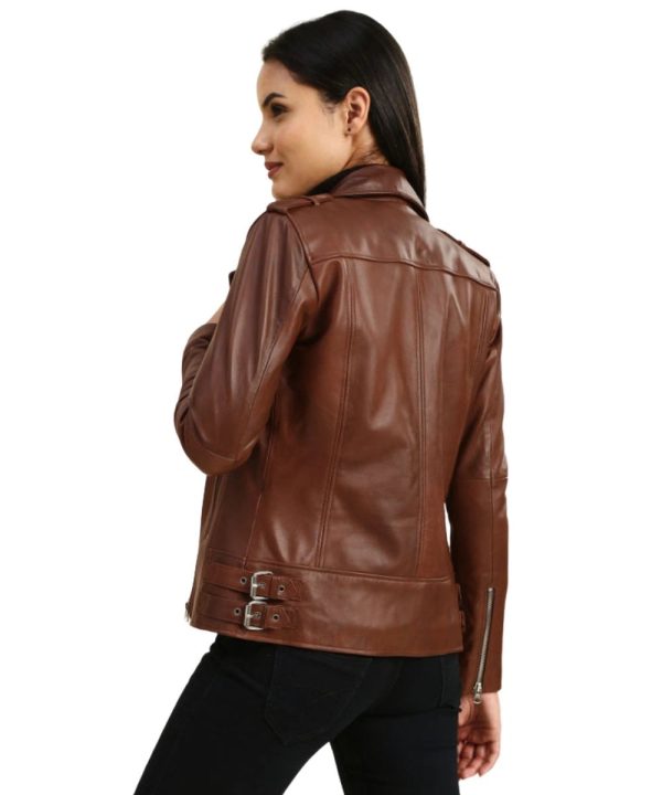 Hazel Brown Distressed Biker Leather Bomber Jacket Womens
