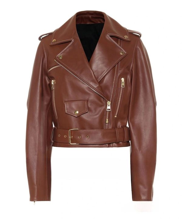JW ANDERSON Womens Cropped Leather Biker Jacket Brown
