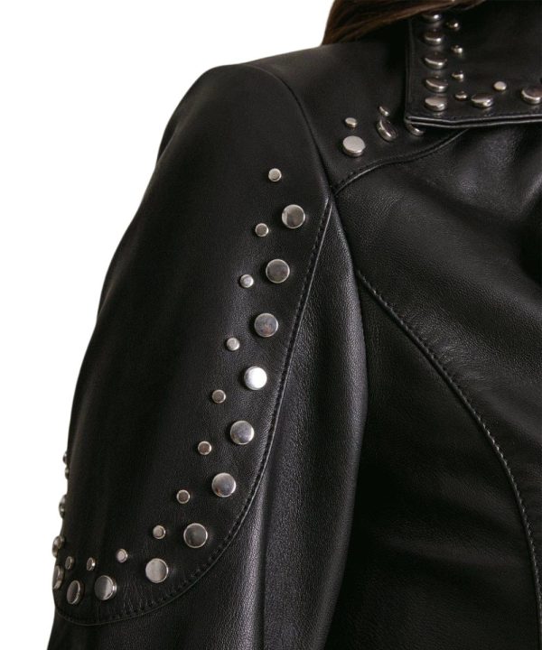 Karen Millen Black Studded Biker Leather Bomber Jacket Womens