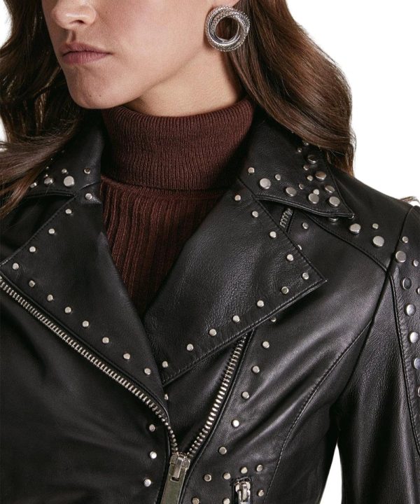 Karen Millen Womens Studded Biker Leather Bomber Jacket Black