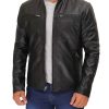 Men Black Cafe Racer Leather Bomber Jacket