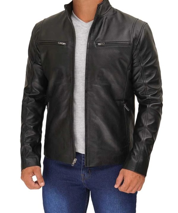 Men Black Cafe Racer Leather Bomber Jacket