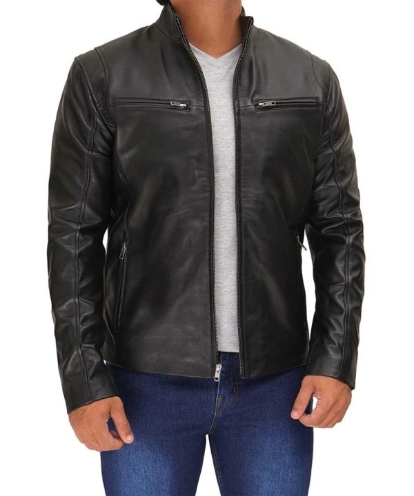 Men Cafe Racer Black Leather Bomber Jacket