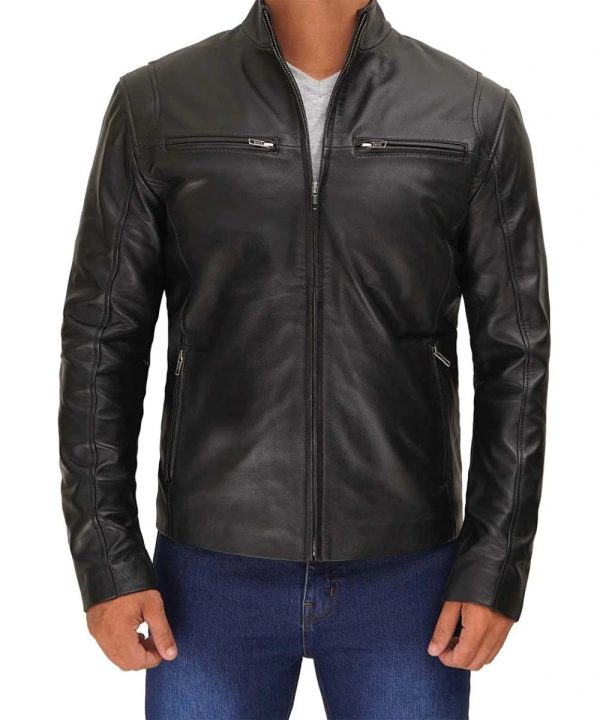 Men Cafe Racer Leather Bomber Jacket Black