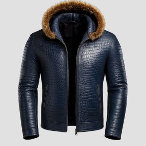 Men's Alligator Pattern Leather Hooded Jacket Dark Blue
