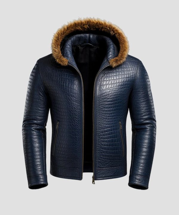 Men's Alligator Pattern Leather Hooded Jacket Dark Blue