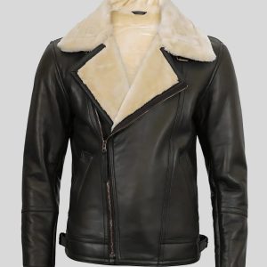 Men's Black Asymmetrical Style Shearling Leather Bomber Jacket