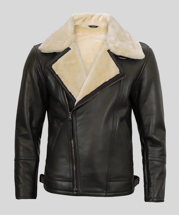 Men's Black Asymmetrical Style Shearling Leather Bomber Jacket