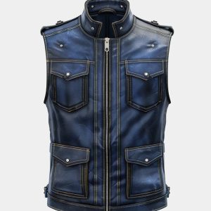 Men's Blue Distressed Leather Vest