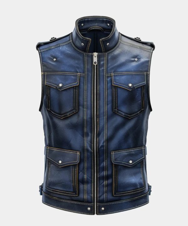 Men's Blue Distressed Leather Vest