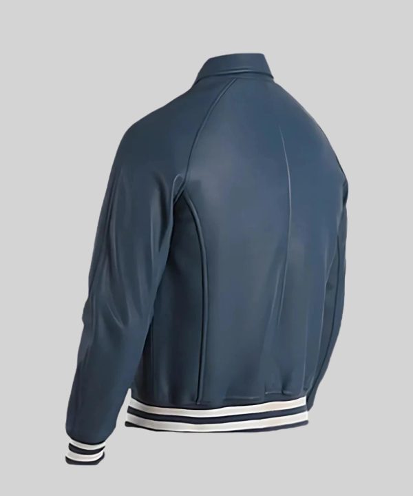 Men's Blue Plain Leather Varsity Bomber Jacket