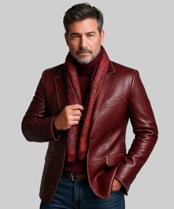 Men's Burgundy Lapel Single Contrast Binding Leather Blazer