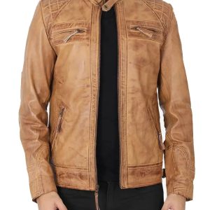 Men's Cafe Racer Lambskin Quilted Biker Leather Bomber Jacket Camel Brown