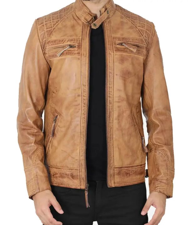 Men's Cafe Racer Lambskin Quilted Biker Leather Bomber Jacket Camel Brown