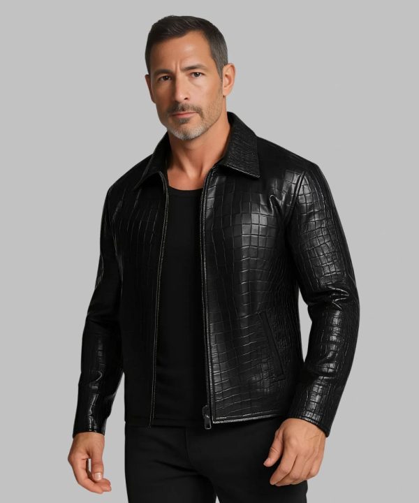Men's Crocodile Pattern Black Leather Jacket
