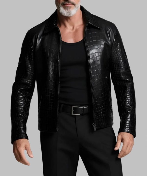 Men's Crocodile Pattern Leather Jacket Black