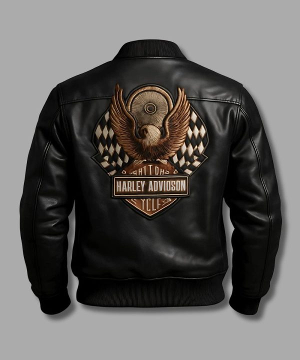 Men's Harley Davidson Embroidery Eagle Design Black Leather Jacket