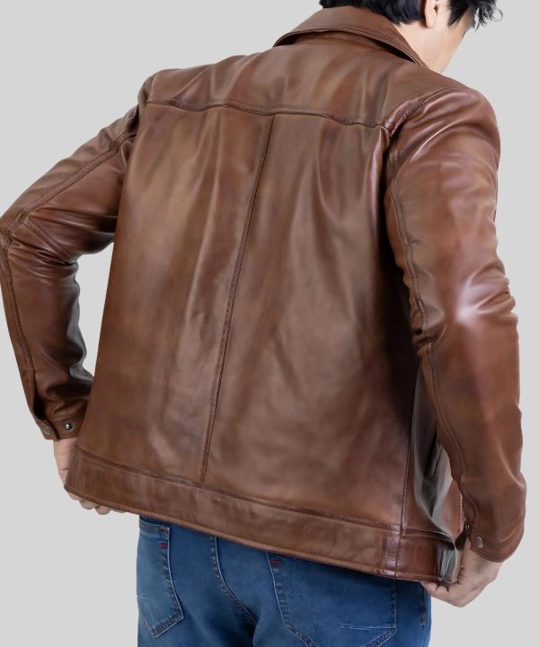 Men's Harrington Collar Genuine Brown Leather Jacket