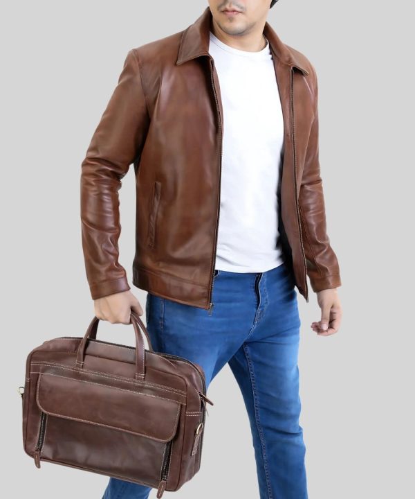 Men's Harrington Collar Genuine Leather Jacket Brown