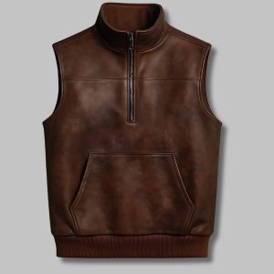 Men's High Neck Brown Half Zip Leather Pullover Vest