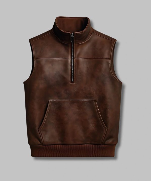 Men's High Neck Brown Half Zip Leather Pullover Vest