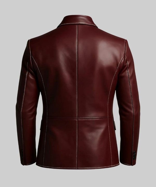 Men's Leather Burgundy Lapel Single Breasted Contrast Binding Blazer