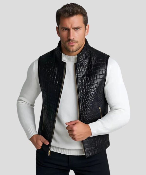 Men's Leather Crocodile Black Zipper Vest