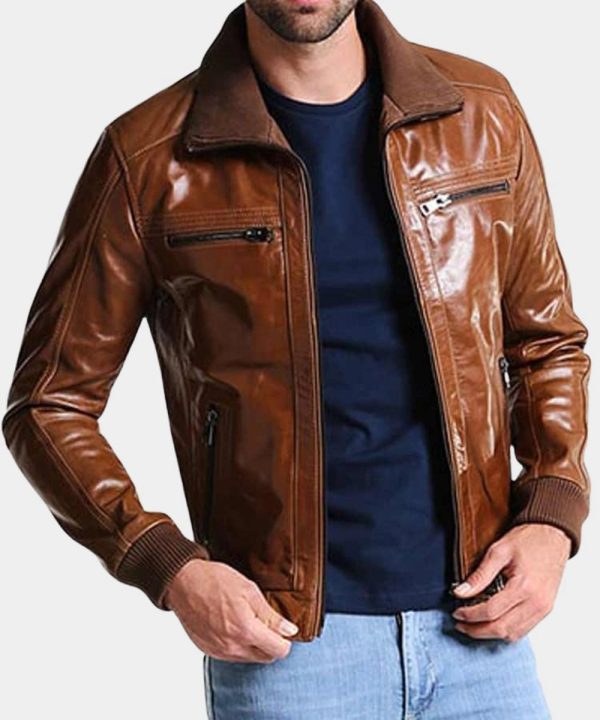 Men's Leather Shining Brown Bomber Jacket