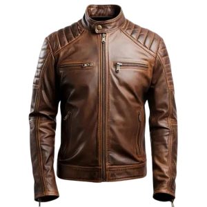 Men's Leo Distressed Cafe Racer Leather Jacket Brown
