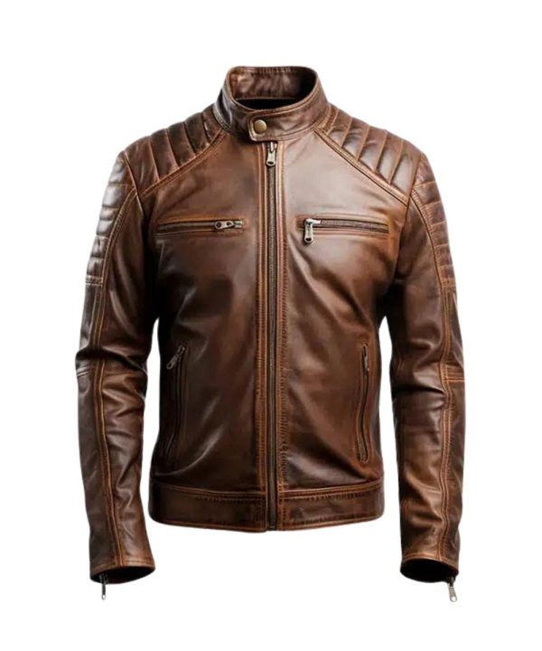 Men's Leo Distressed Cafe Racer Leather Jacket Brown
