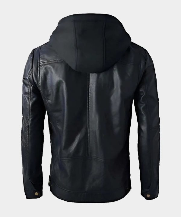 Men's Motorcycle Brando Style Biker Leather Detachable Hoodie Jacket Black