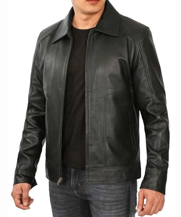 Men's Plain Biker Leather Bomber Jacket Black