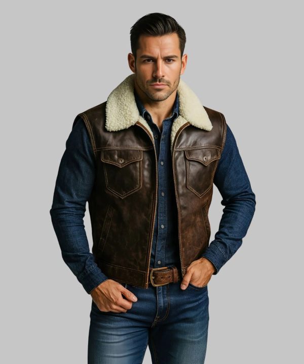 Men's Retro Leather Plush Lapel Collar Brown Vest